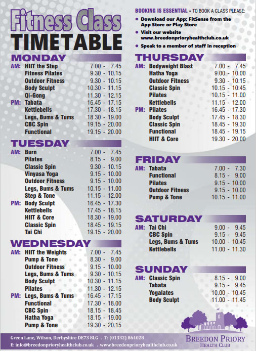 Breedon Priory Health Club Class Timetable
