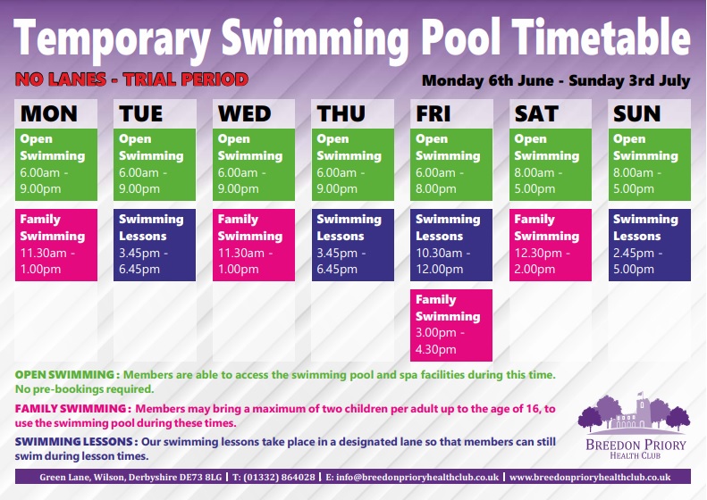 Temporary Swimming Pool Timetable